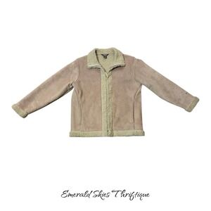 WOOLRICH Womens Sherpa Lined Suede Jacket Beige Cozy Warm Winter Sm . Free ship